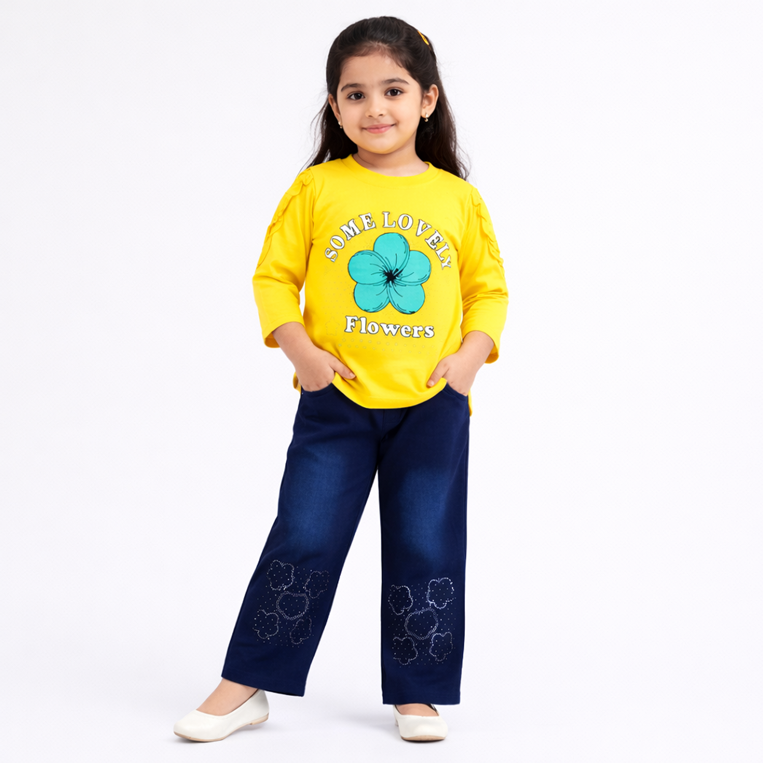 Girls Mint Green Flower Printed T-Shirt with Navy Pants – Casual Kids 2 Piece Outfit