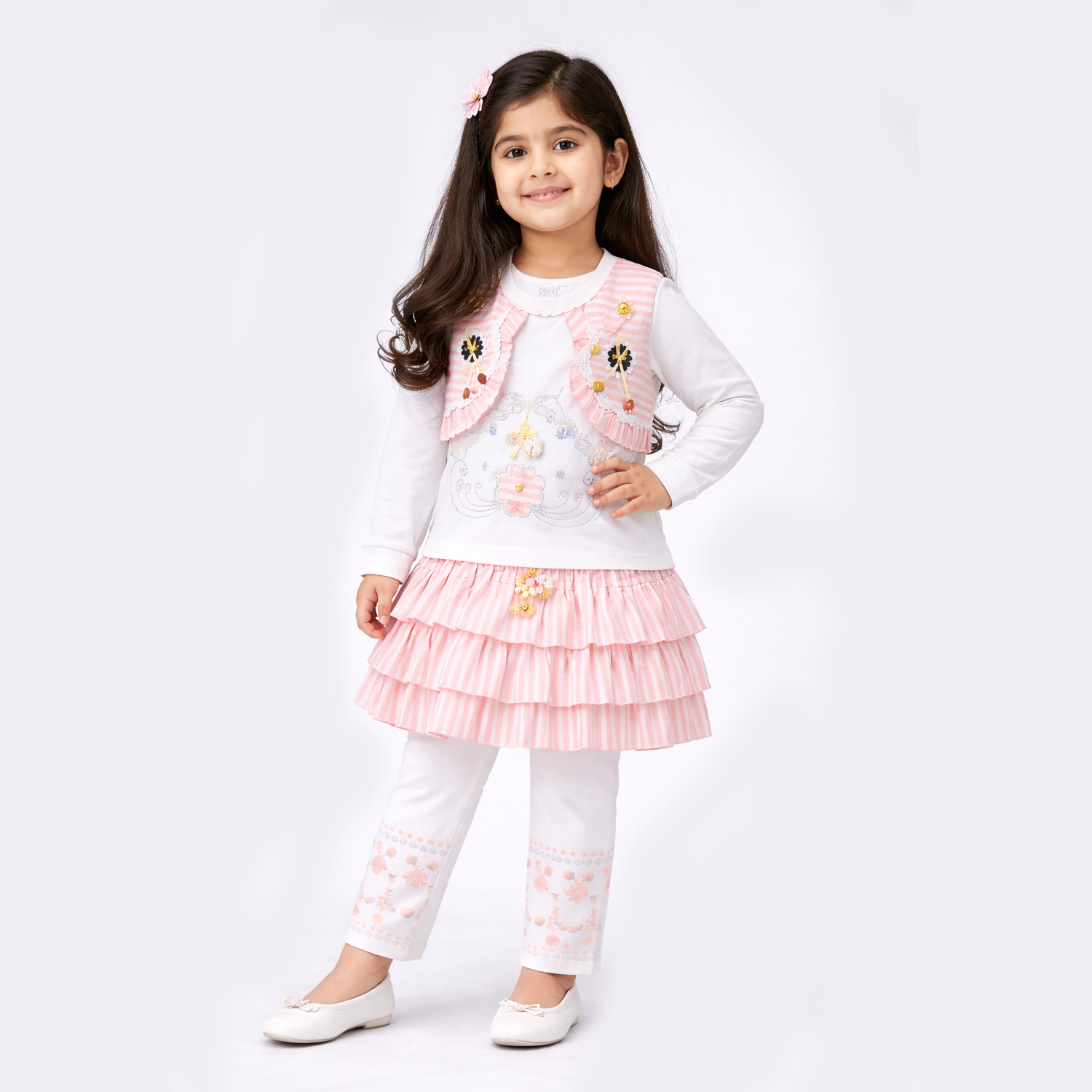 Girls White & Green Skirt Style Suit with Vest – Cute Kids Party Outfit