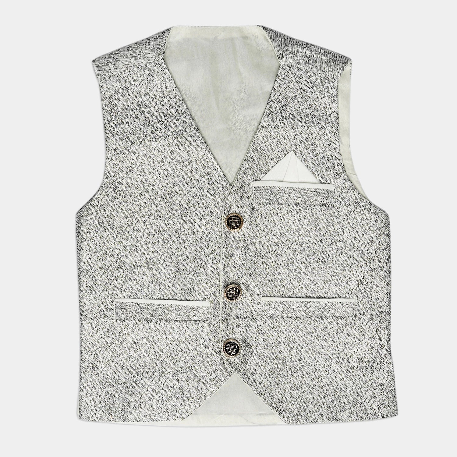 Kids 3-Piece Kurta Pajama Waistcoat Set - Silver Printed