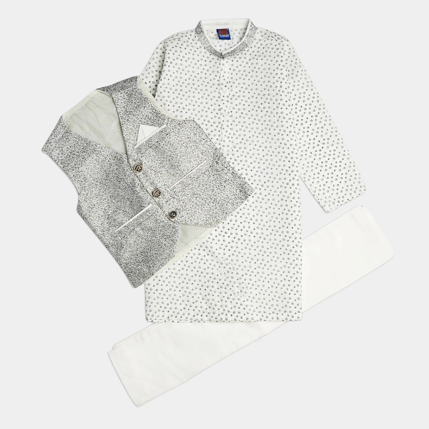 Kids 3-Piece Kurta Pajama Waistcoat Set - Silver Printed