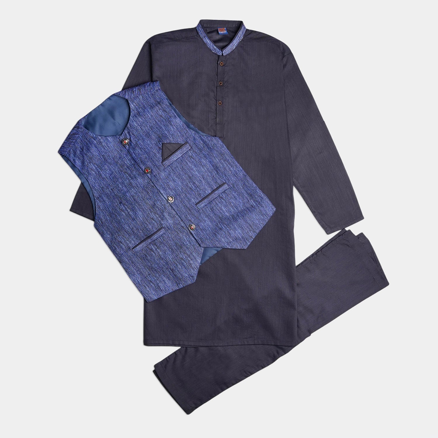 Kids 3-Piece Kurta Pajama Waistcoat Set - Blue Plain