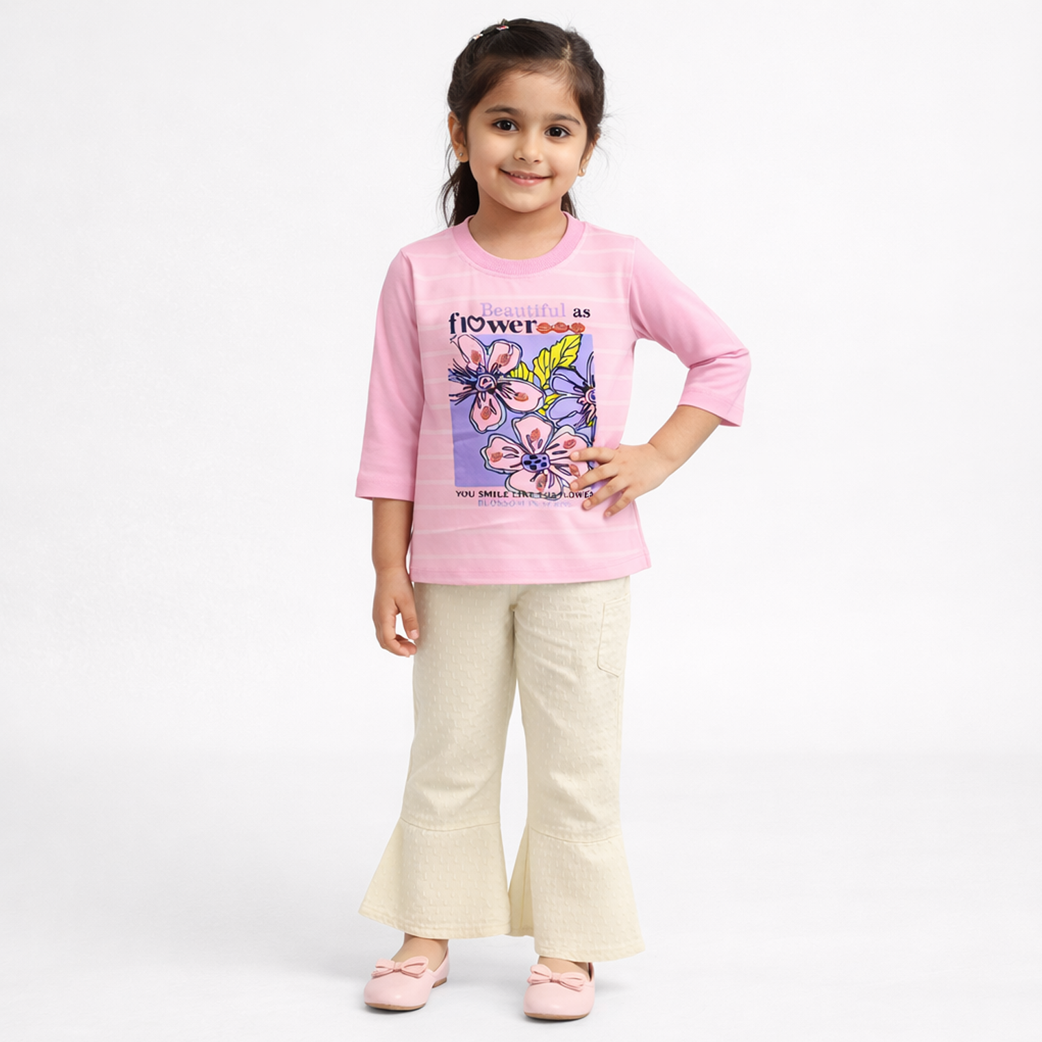 Beautiful As Flower Girls 2-Piece Suit – Floral Printed Shirt with Flared Trouser (Pink & Lilac)