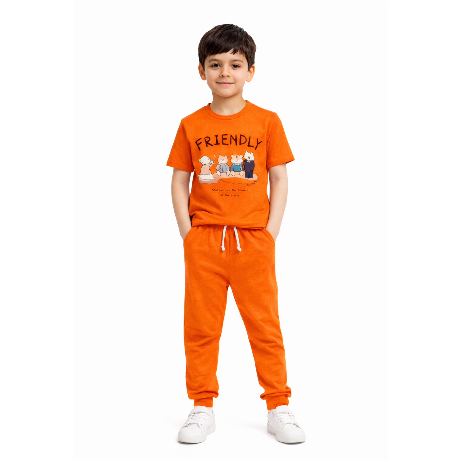 Friendly Cartoon Kids Tracksuit – Orange Cotton Summer Set for Boys