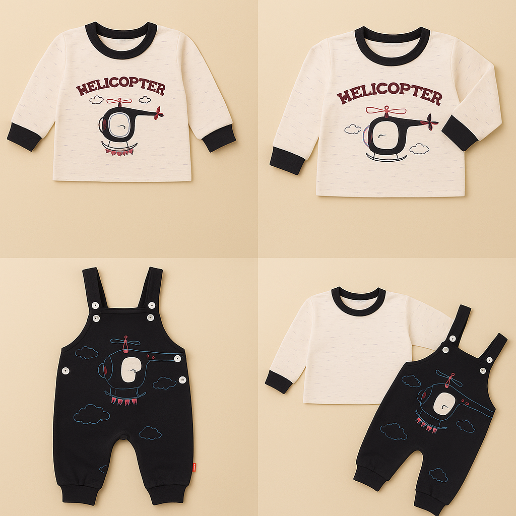 Baby Helicopter Printed Romper Set – Full Sleeve Shirt + Overall | 3 Colors