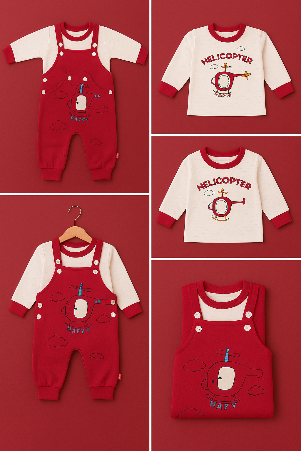 Baby Helicopter Printed Romper Set – Full Sleeve Shirt + Overall | 3 Colors