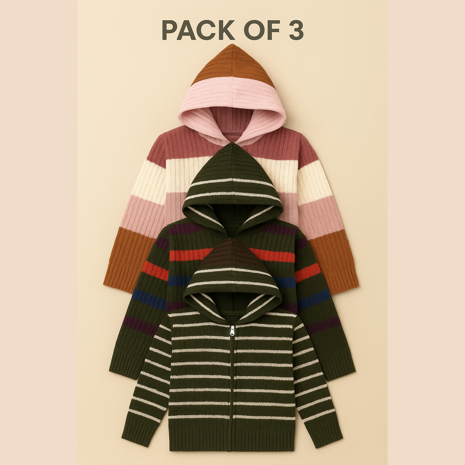 Kid's Zipper Sweater Hoodies - Pack of 3