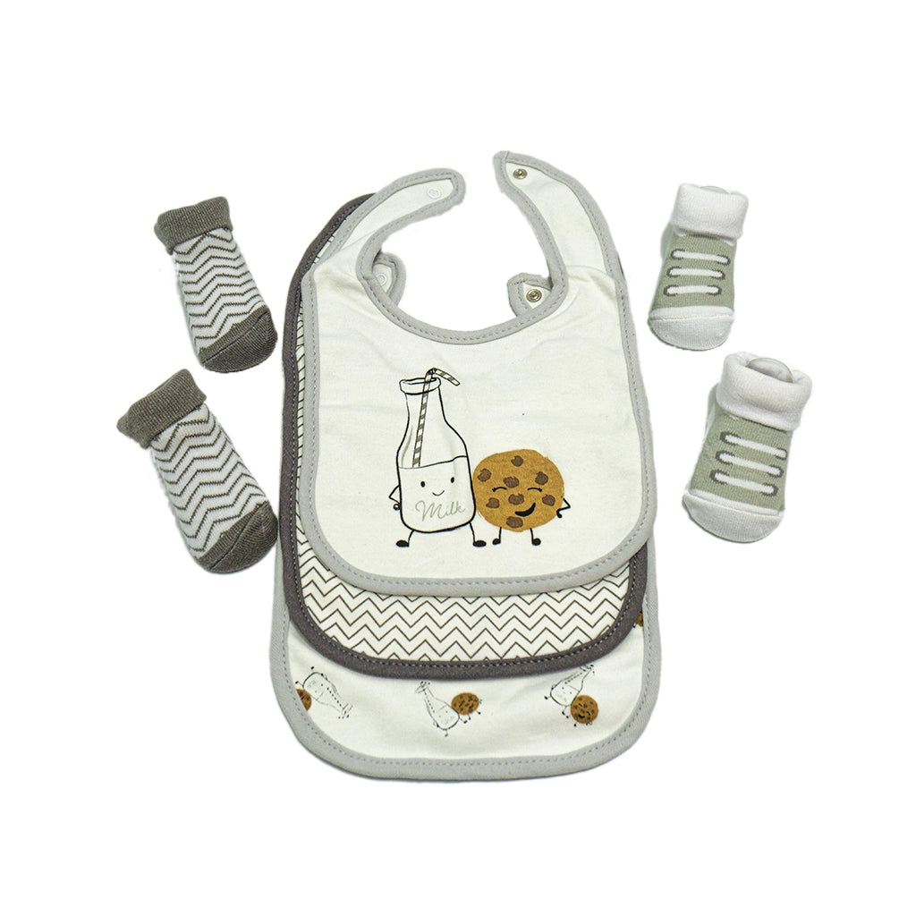 Milk And Cookie - Hudson Baby 3 Bibs & 2 Socks Set