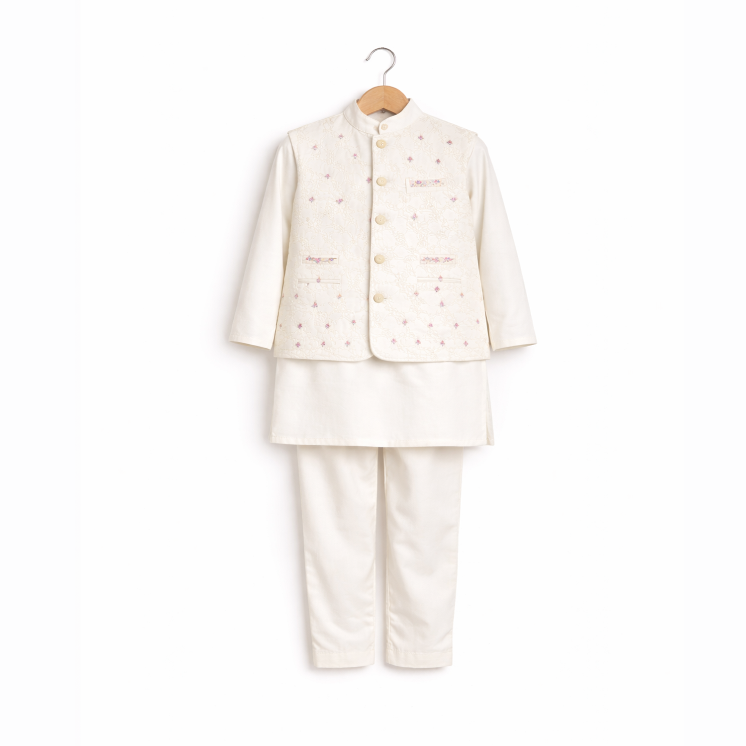 Boys Cream Kurta Pajama with Embroidered Waistcoat – Kids Formal Ethnic Suit