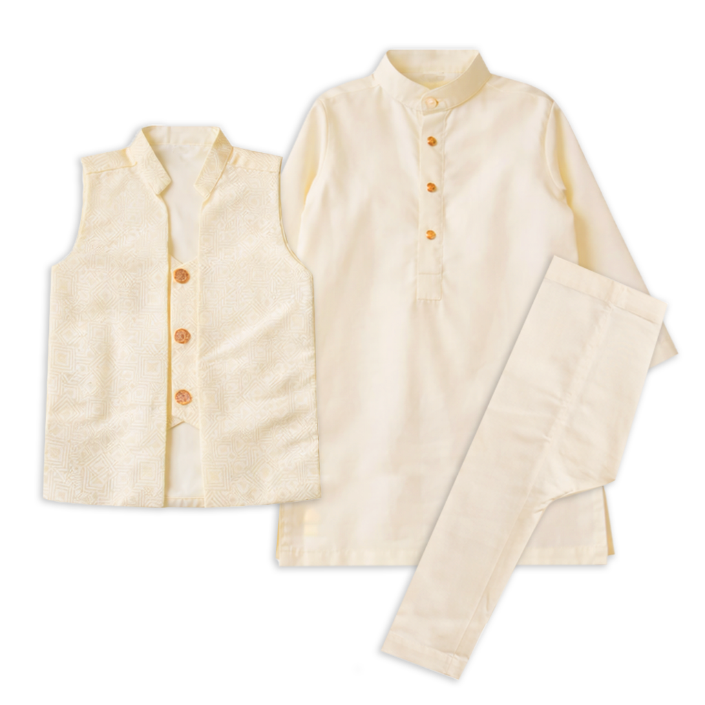 Boys Cream Kurta Pajama Suit with Double Waistcoat – Formal Eid & Wedding Wear