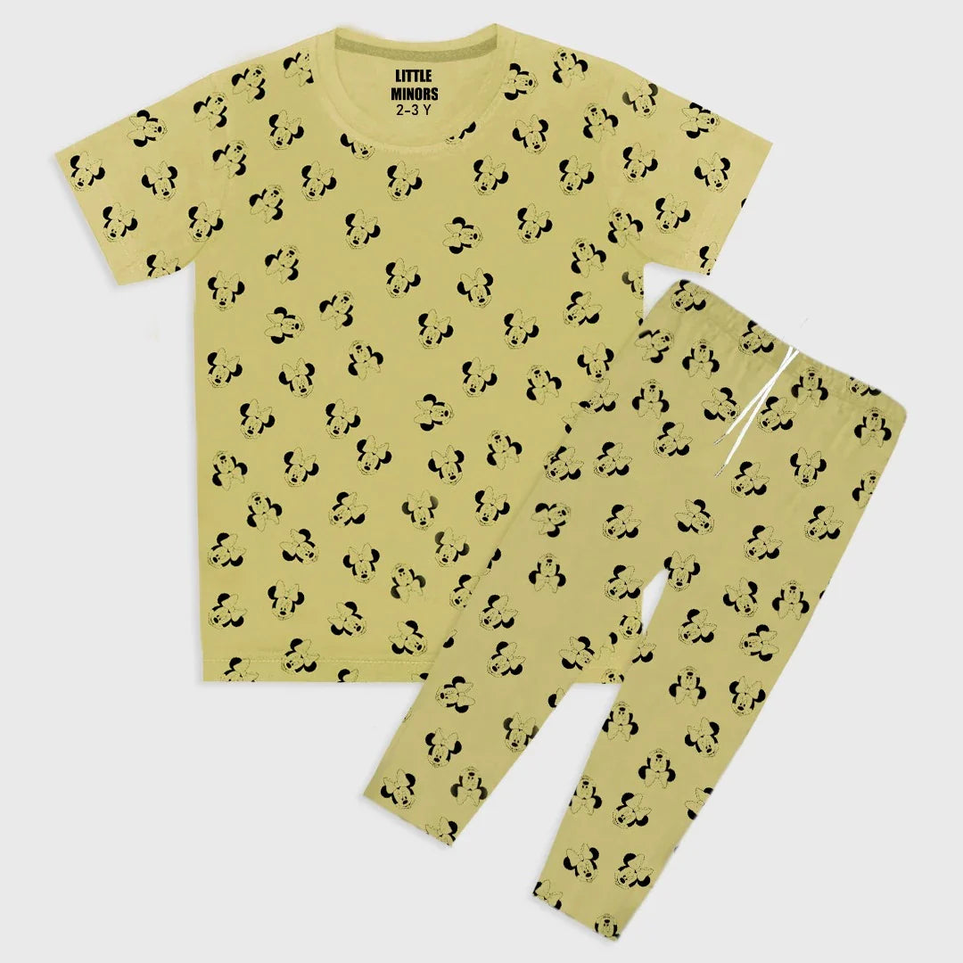 Kids Jersey Cotton Night Suit Mickey Mouse Print - Yellow