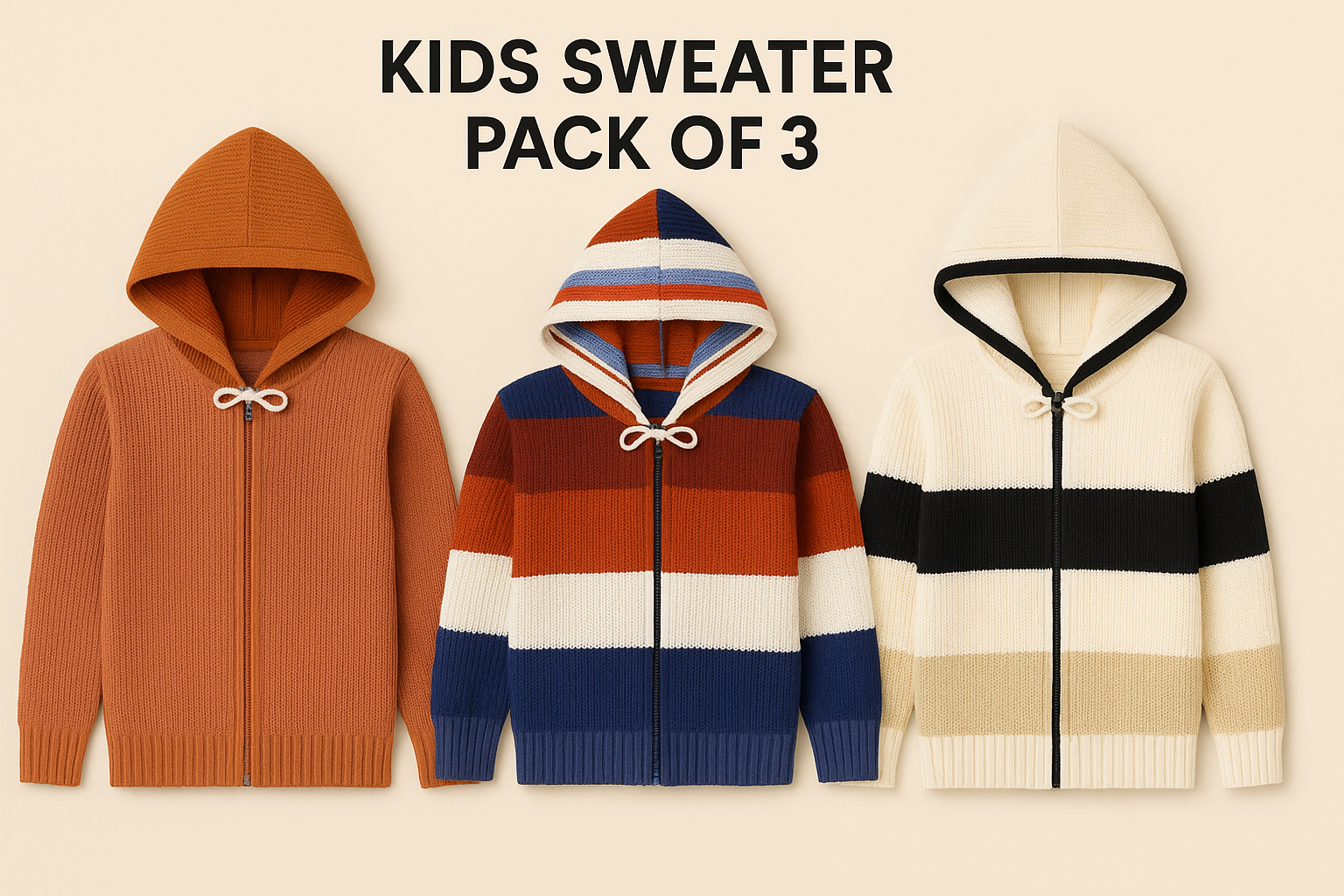 Kid's Zipper Sweater Hoodies - Pack of 3
