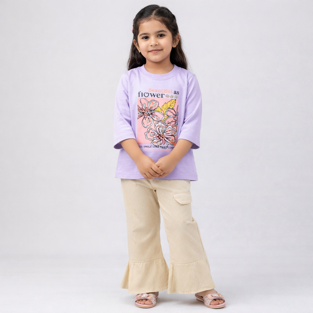 Beautiful As Flower Girls 2-Piece Suit – Floral Printed Shirt with Flared Trouser (Pink & Lilac)