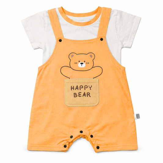 Baby Boys Dungaree Romper Set – Happy Bear Cotton Outfit with Inner T-Shirt (0–12 Months)