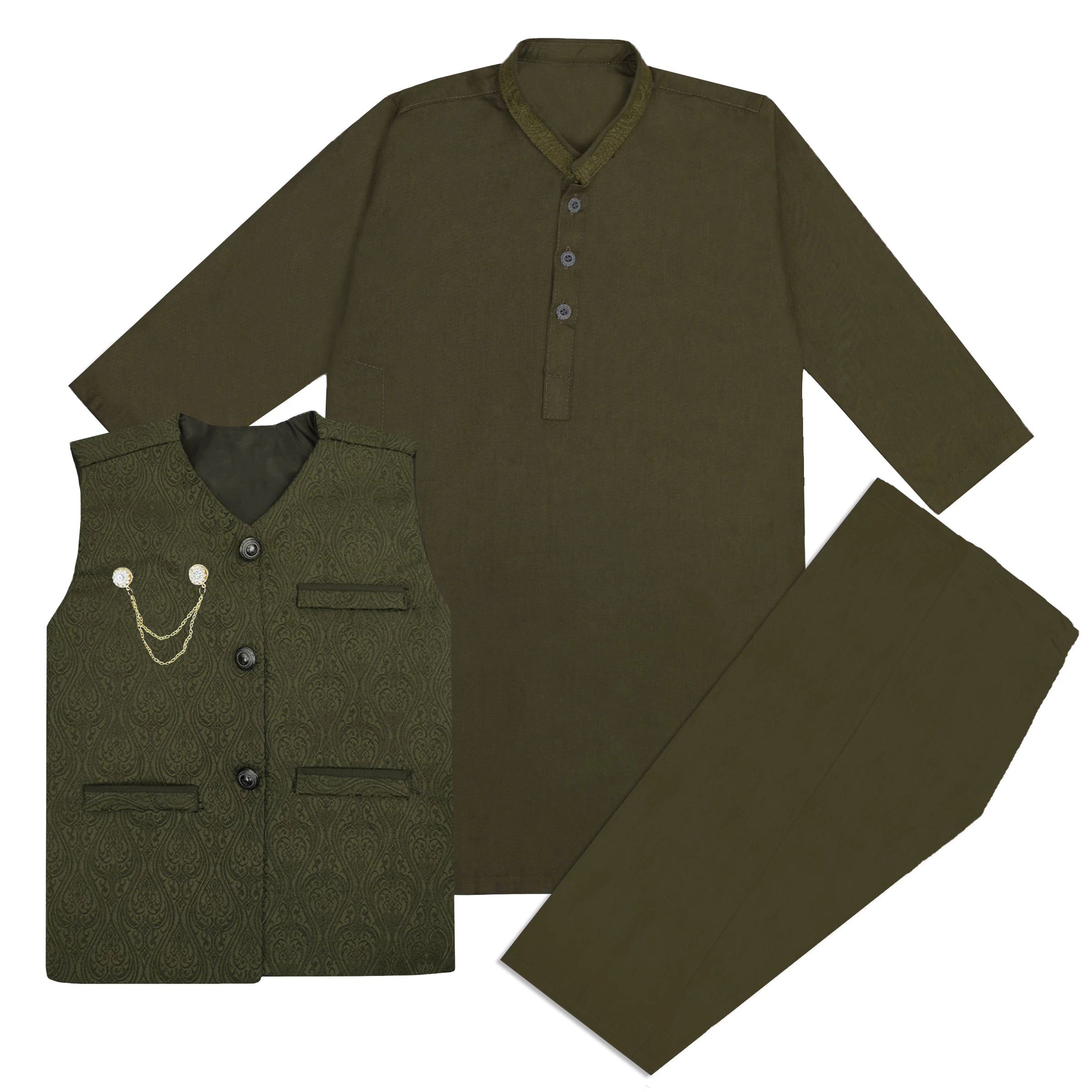 Kids 3-Piece Kurta Shalwar Waistcoat Set - Olive Green