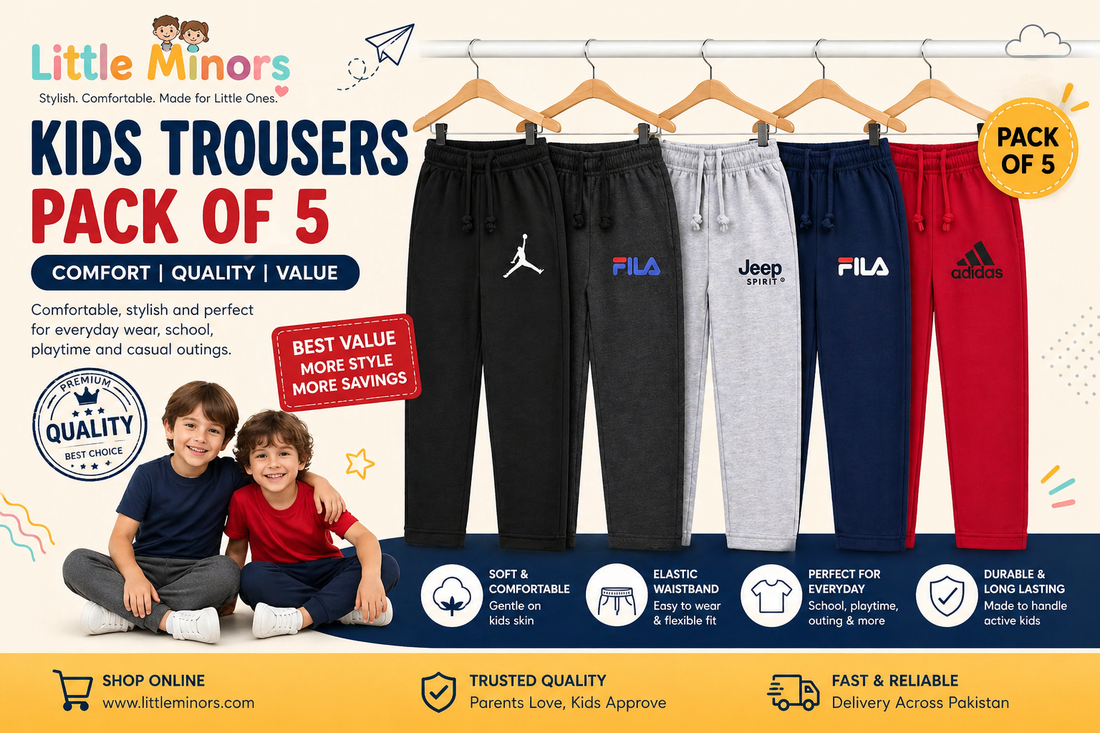Pack of 5 kids trousers set for boys – soft comfortable everyday wear by Little Minors Pakistan