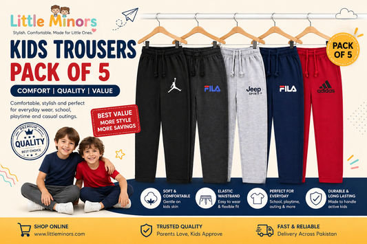 Pack of 5 kids trousers set for boys – soft comfortable everyday wear by Little Minors Pakistan