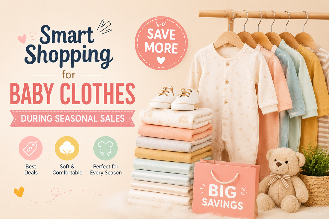 Parents shopping for soft cotton baby clothes during seasonal sales with adorable baby outfits and nursery decor
