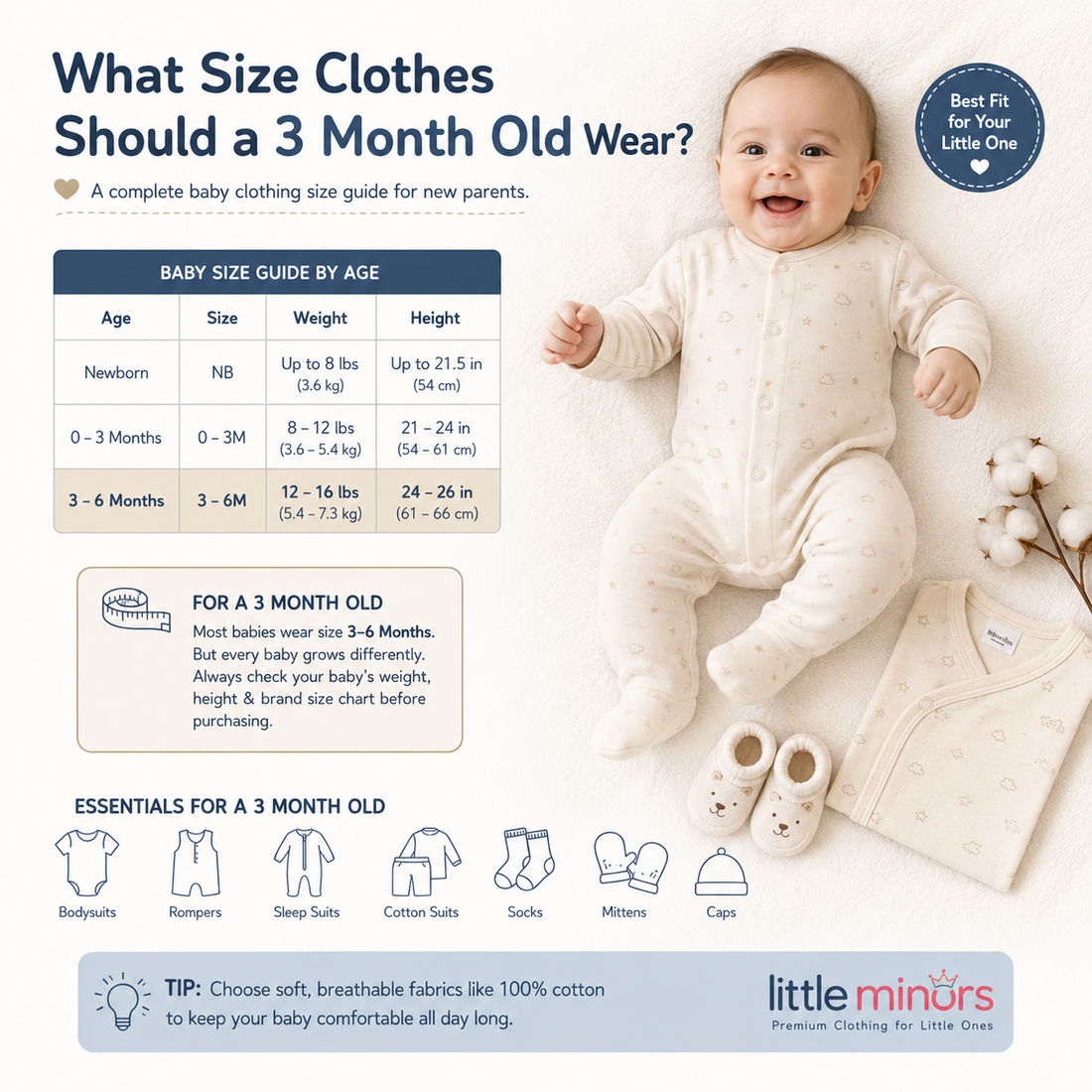 3 month old baby wearing soft cotton clothes in the correct clothing size