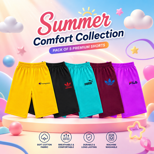 Shop premium kids summer shorts pack of 5 at Little Minors. Soft cotton fabric, breathable comfort, durable stitching, and machine washable shorts for boys and girls.
