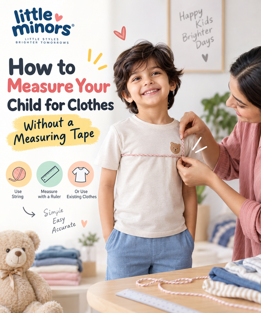 Mother measuring her child for clothes with string instead of a measuring tape