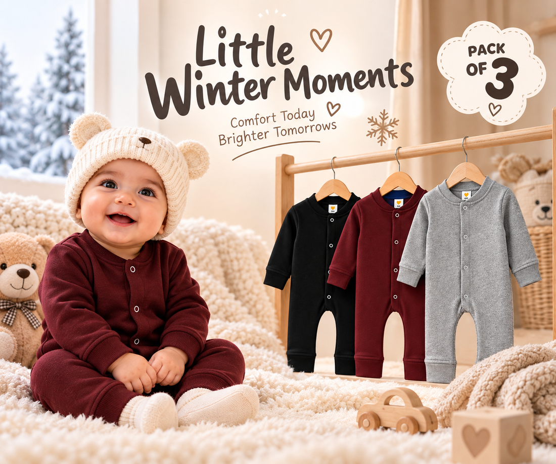 Baby boys winter rompers pack of 3 in black, burgundy and grey, featuring a cozy winter baby clothing scene.