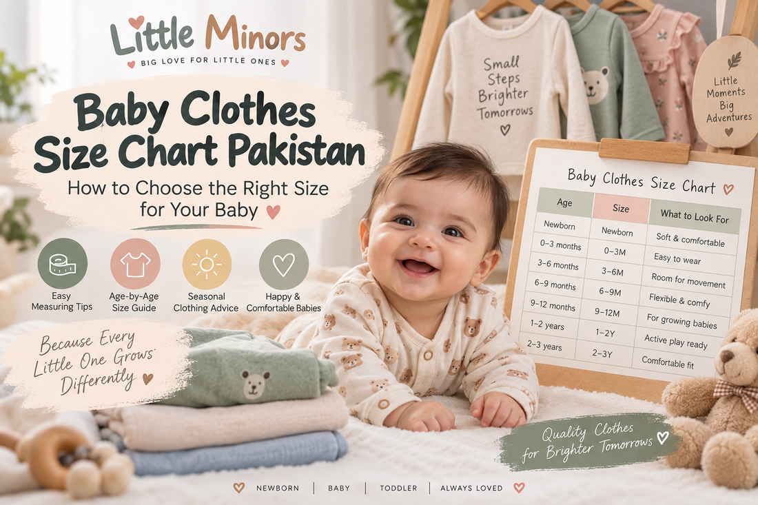 Baby clothes size chart Pakistan showing newborn to toddler clothing sizes and comfortable baby outfits by Little Minors.