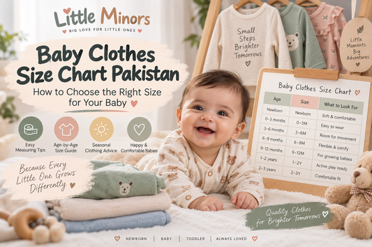 Baby clothes size chart Pakistan showing newborn to toddler clothing sizes and comfortable baby outfits by Little Minors.