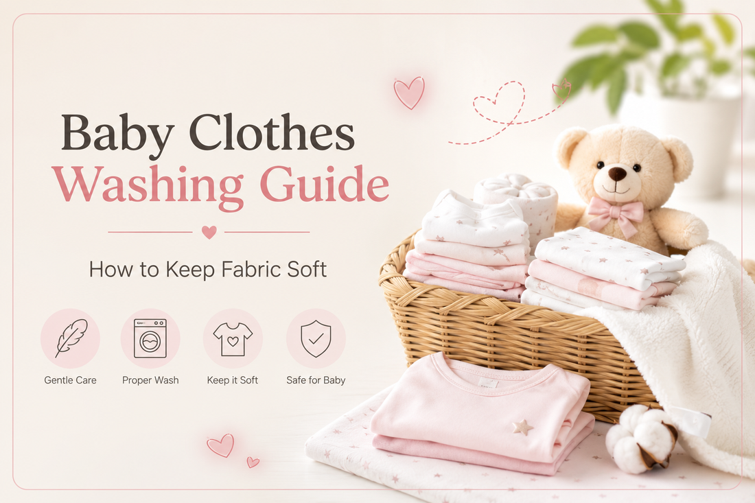 Soft cotton baby clothes neatly folded in a basket with a teddy bear, illustrating a baby clothes washing guide for keeping fabrics soft and gentle on sensitive skin.