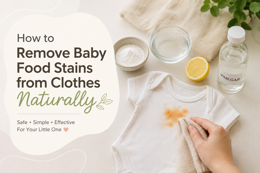 How to remove baby food stains from clothes naturally using baking soda, lemon, vinegar, and a soft cotton baby onesie.
