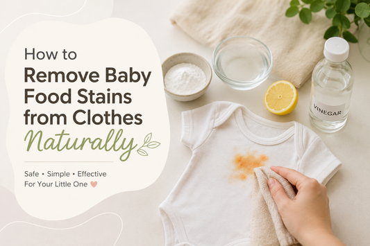 How to remove baby food stains from clothes naturally using baking soda, lemon, vinegar, and a soft cotton baby onesie.