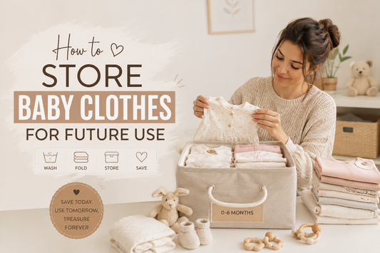 Mother storing baby clothes in a storage box for future use