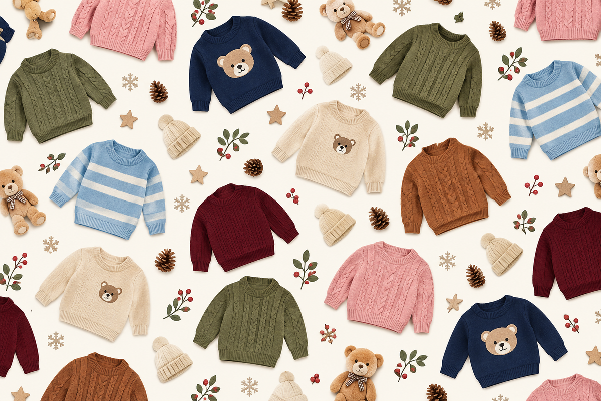 Kids sweaters collection featuring cozy winter sweaters for boys and girls in various colors and knit designs, with teddy bears, beanies, pinecones, and winter-themed decorations on a cream background.