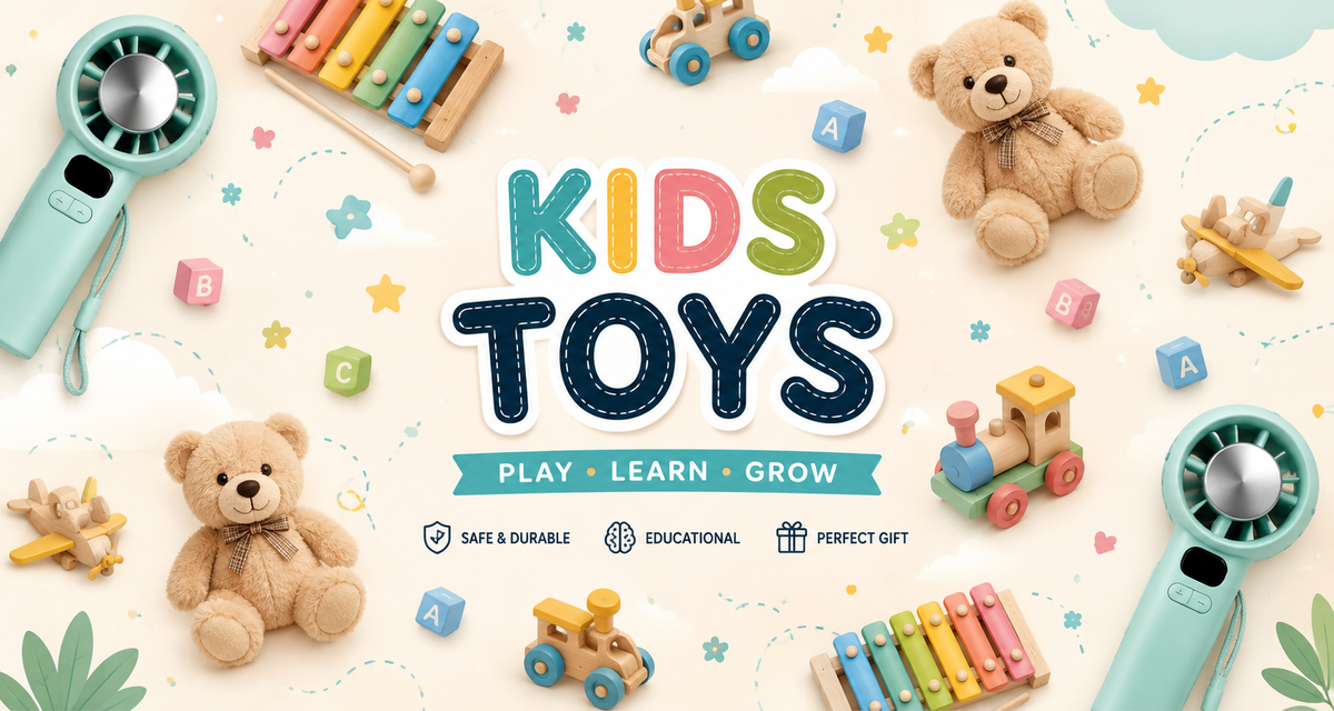 Kids Toys collection banner featuring educational toys, teddy bears, toy vehicles, portable handheld fans, and fun gifts for boys and girls.