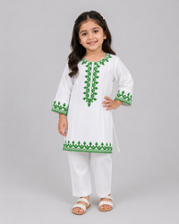 Girls White Embroidered Cotton Kurta Trouser Set – 2 Piece Pakistani Eastern Dress for Kids