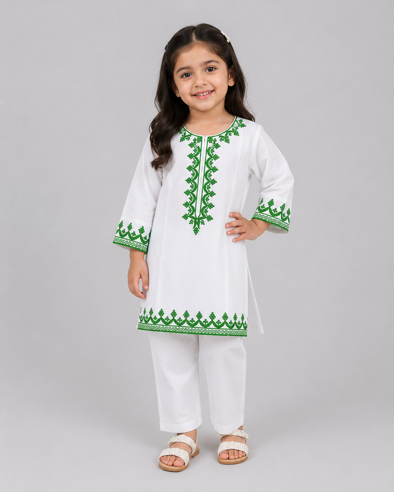 Girls White Embroidered Cotton Kurta Trouser Set – 2 Piece Pakistani Eastern Dress for Kids