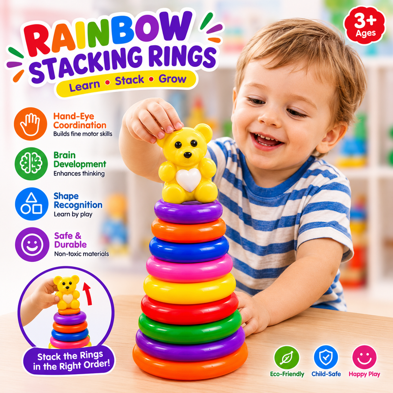 Colorful Ring Stacking Toy with Teddy Bear – Kids Learning & Motor Skills Game