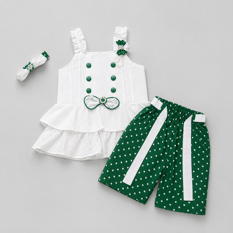 Girls White & Green Polka Dot Top with Shorts Set & Matching Headband