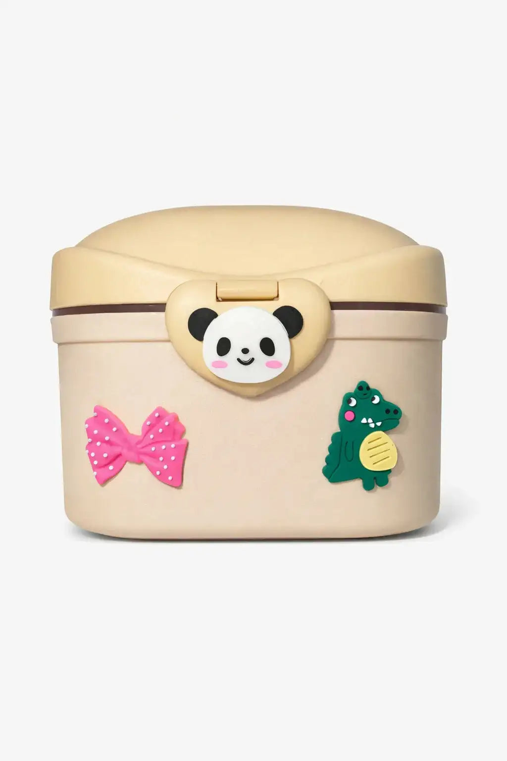 Beige kids storage box with panda face clasp, pink bow, and green dinosaur design