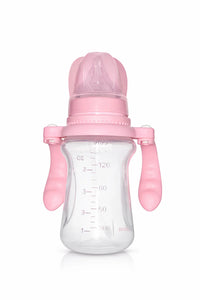 Pink baby feeding bottle with handles and measurement markings, newborn feeding accessory