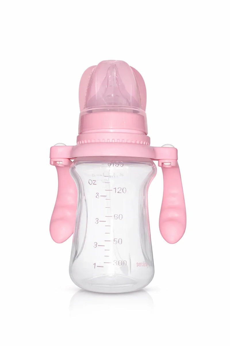 Pink baby feeding bottle with handles and measurement markings, newborn feeding accessory