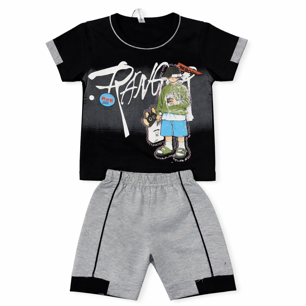 Kids Summer T-Shirt & Shorts Set – Stylish Black Tee with Grey Shorts