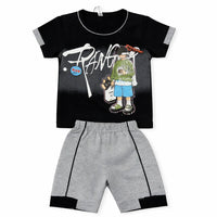 Kids' summer set with black graphic t-shirt and grey shorts, toddler boys fashion