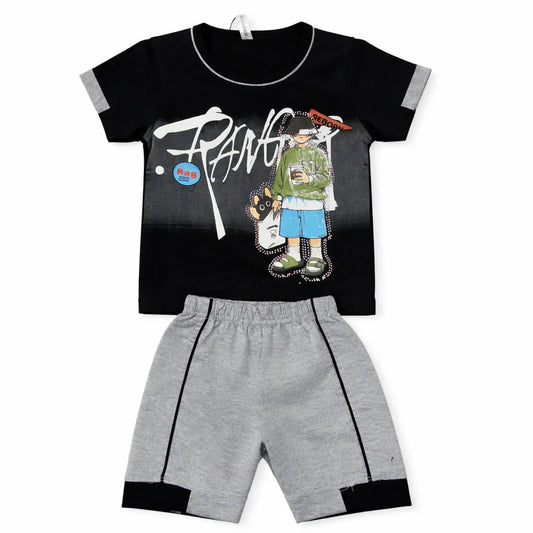 Kids Summer T-Shirt & Shorts Set – Stylish Black Tee with Grey Shorts