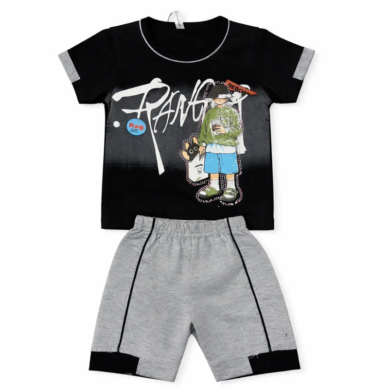Kids' summer set with black graphic t-shirt and grey shorts, toddler boys fashion