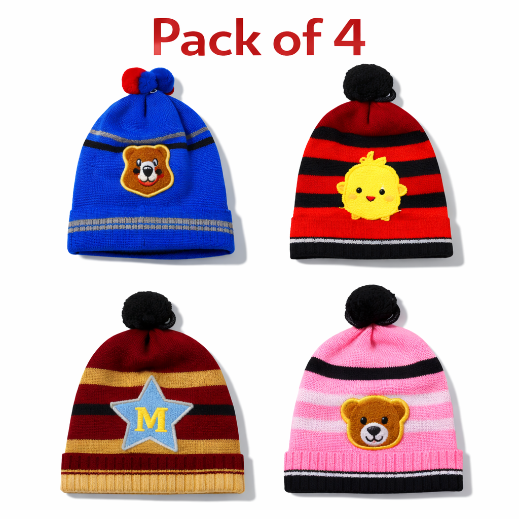 Kids Winter Beanie Caps Mix Designs Pack of 4 | Soft Knitted Warm Hats with Cute Cartoon Designs