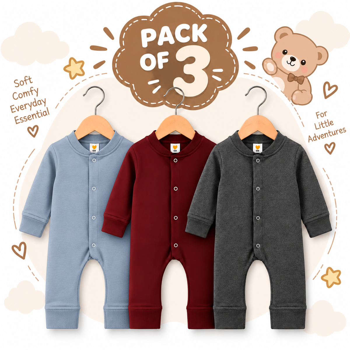 Baby Boys Winter Rompers Pack of 3 Full Sleeve Fleece Rompers