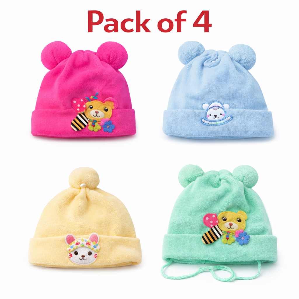 Baby Winter Soft Beanie Caps  Pack of 4 Mix Design Cute Cartoon Designs