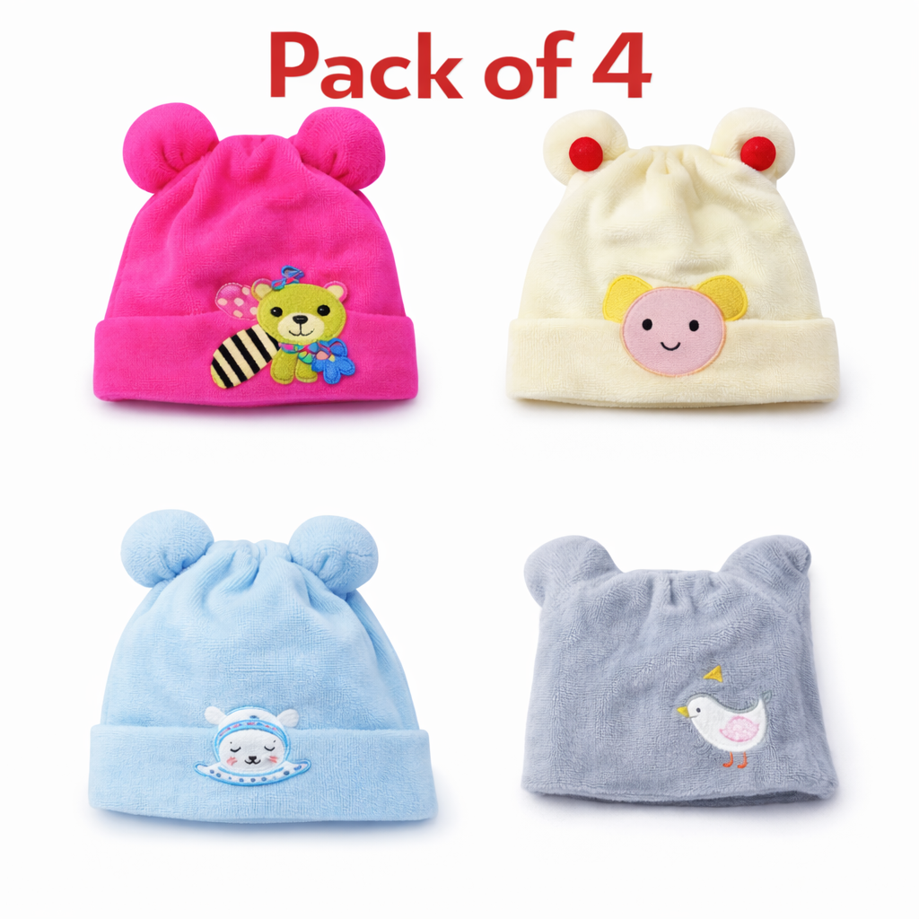 Baby Winter Soft Beanie Caps  Pack of 4 Mix Design Cute Cartoon Designs