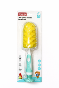 Little Minors 360° rotatable baby bottle brush with soft sponge cleaner for thorough, gentle cleaning of baby bottles.