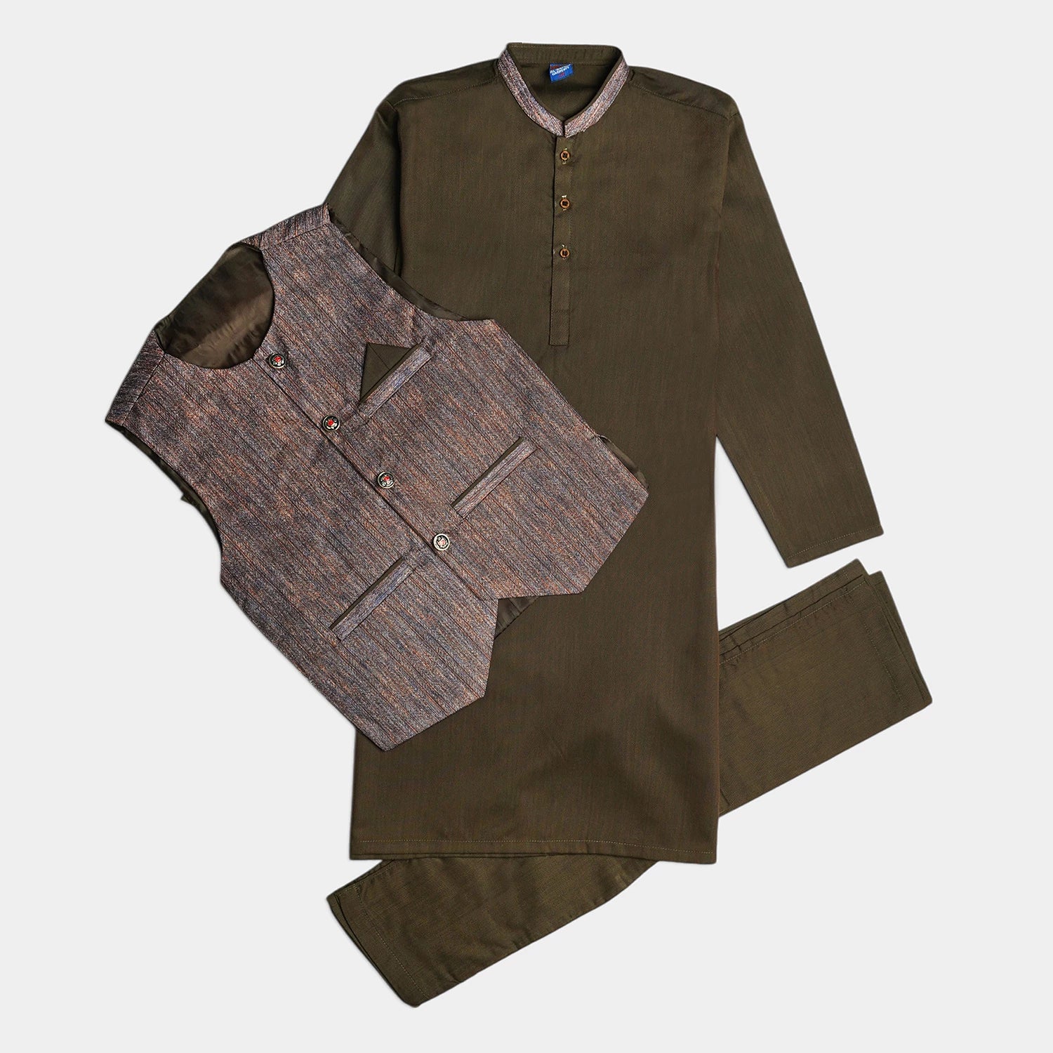 Kids 3-Piece Kurta Pajama Waistcoat Set - Brown Plain